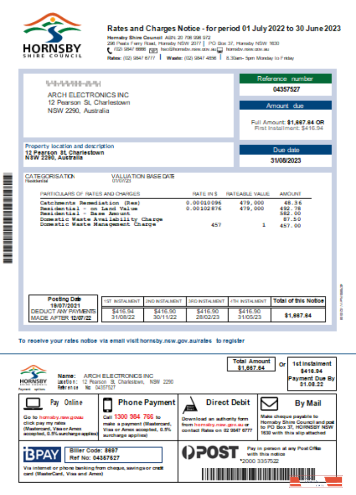 NSW Hornsby Shire Council utility business bill SCR PSD template